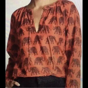 J CREW Sz XS 0 Coral & Blue Elephant Print Tie-Neck Top Blouse